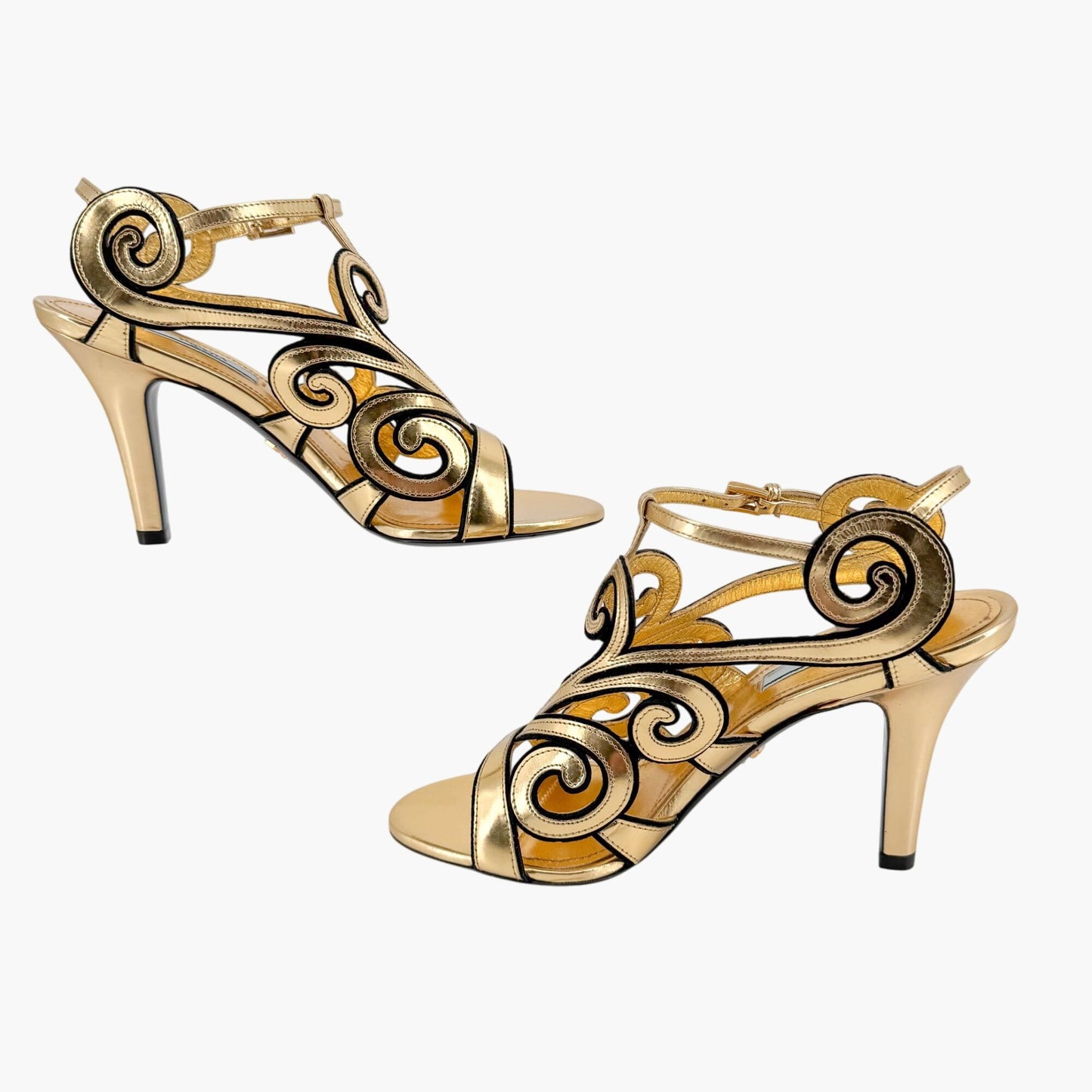 Prada Baroque Caged Sandals in Metallic Gold Leather Size 37.5