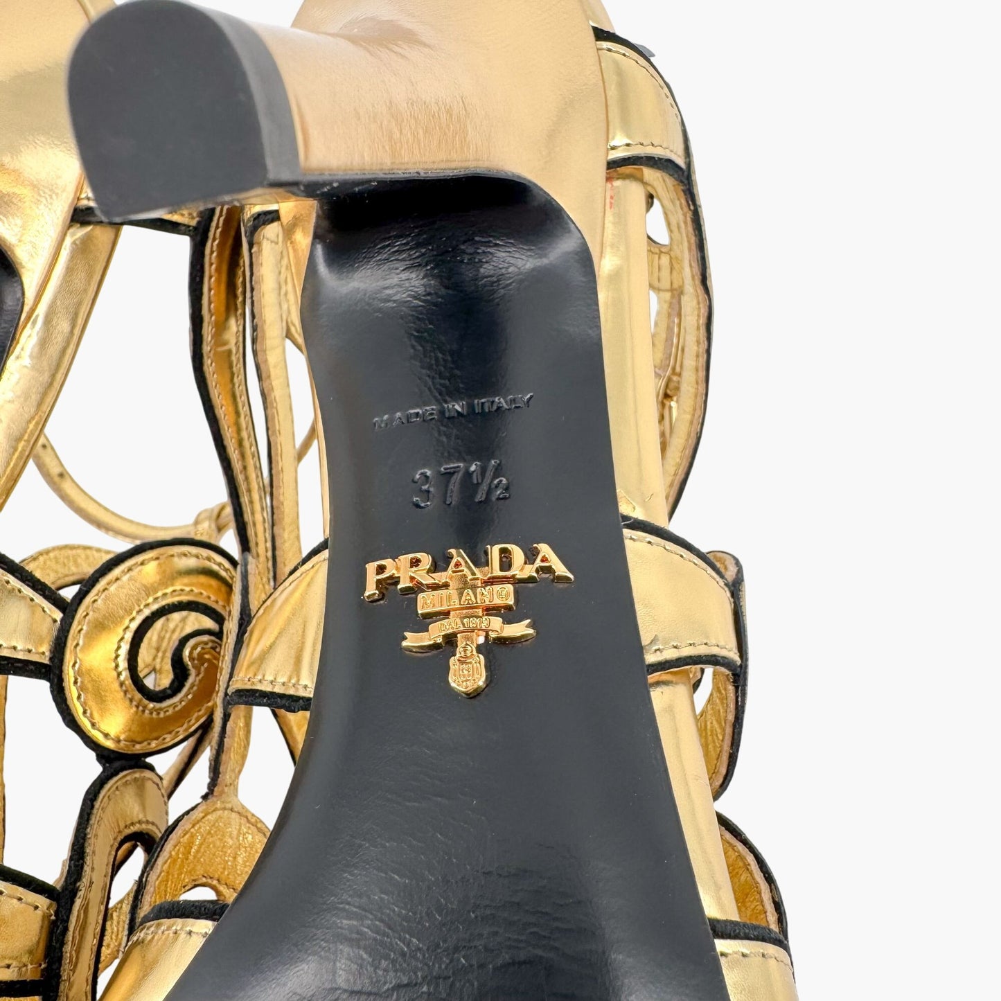 Prada Baroque Caged Sandals in Metallic Gold Leather Size 37.5