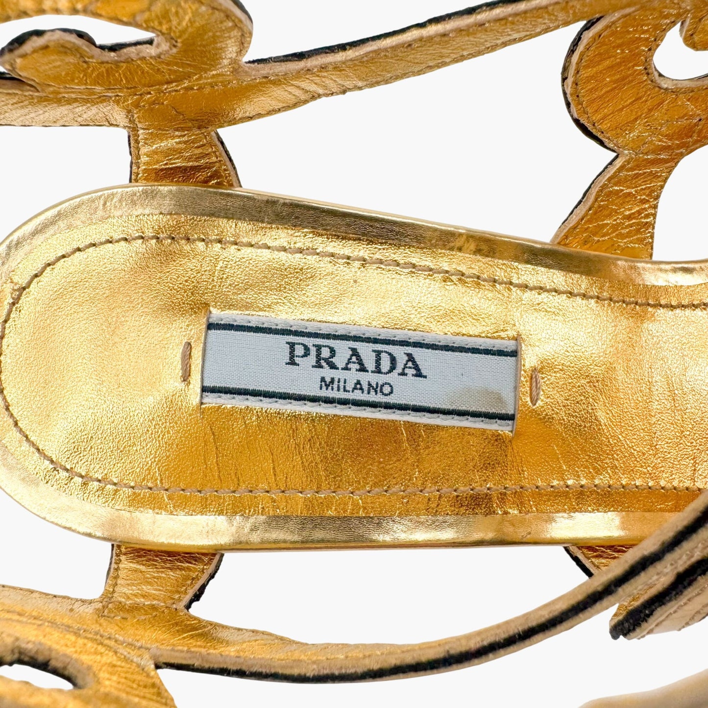 Prada Baroque Caged Sandals in Metallic Gold Leather Size 37.5