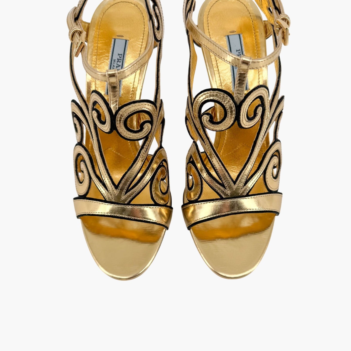 Prada Baroque Caged Sandals in Metallic Gold Leather Size 37.5