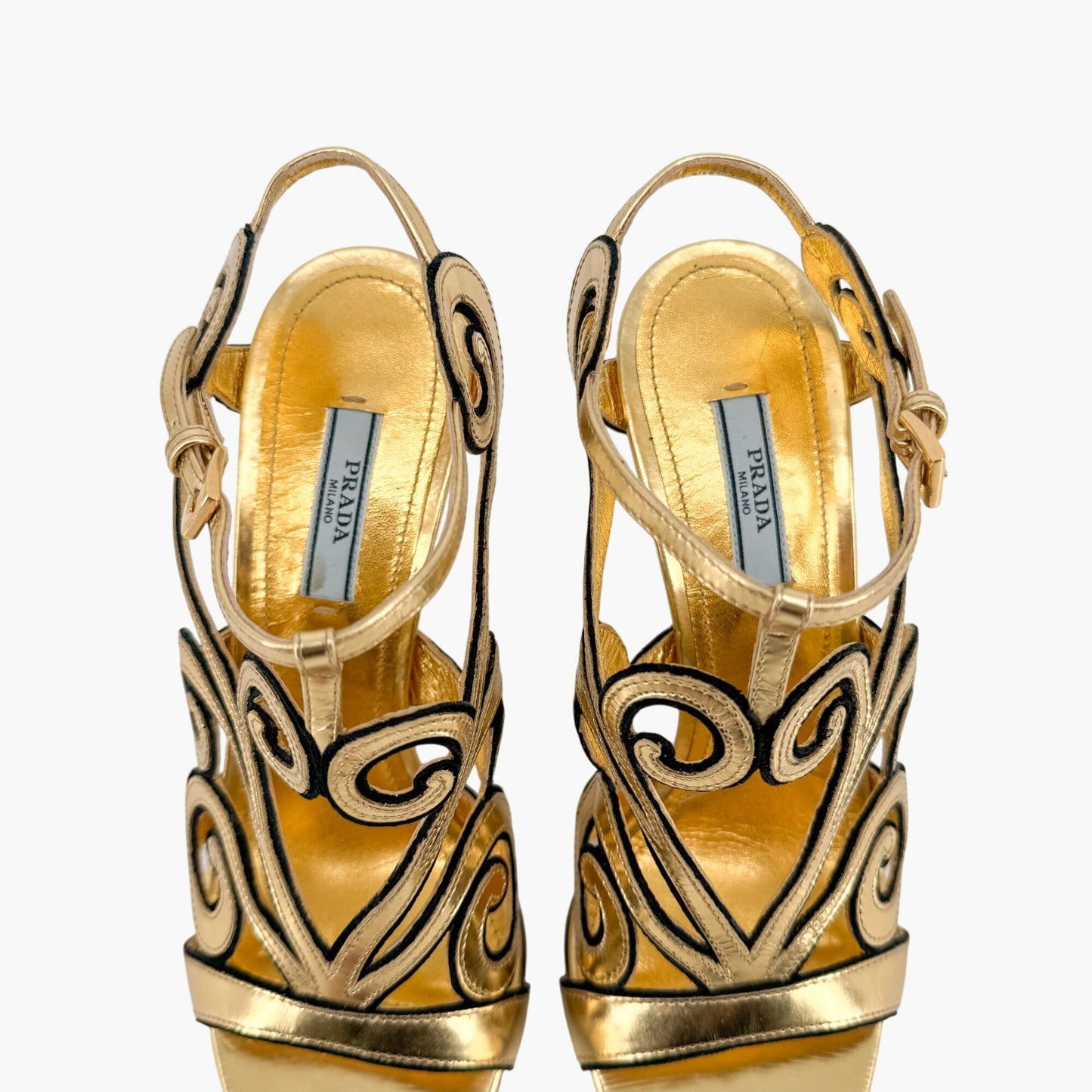 Prada Baroque Caged Sandals in Metallic Gold Leather Size 37.5