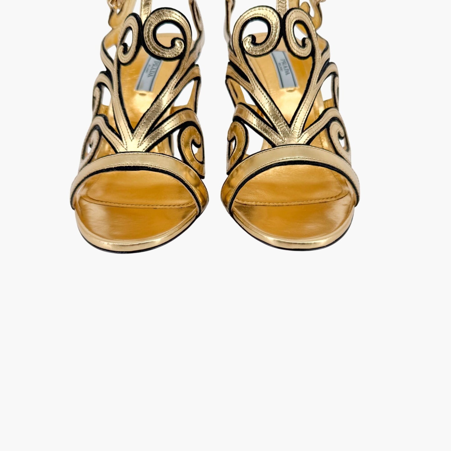 Prada Baroque Caged Sandals in Metallic Gold Leather Size 37.5