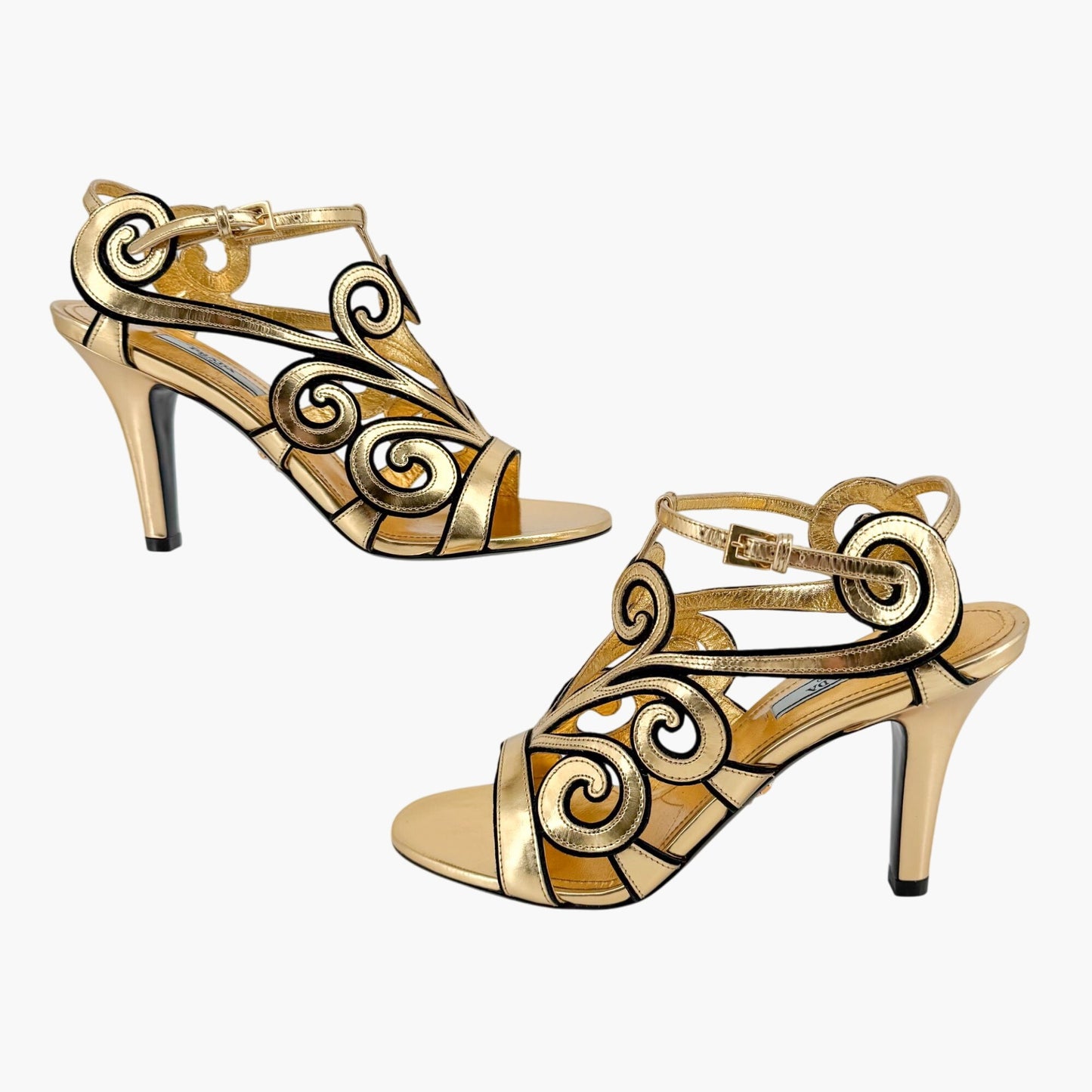 Prada Baroque Caged Sandals in Metallic Gold Leather Size 37.5