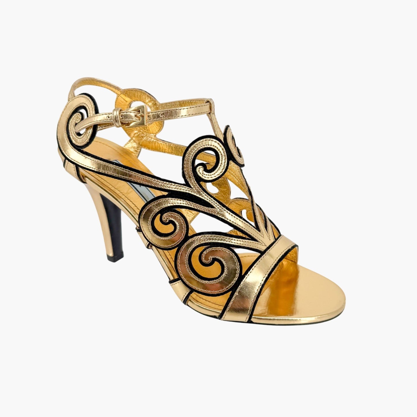 Prada Baroque Caged Sandals in Metallic Gold Leather Size 37.5