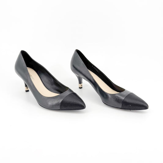 Chanel Pointed Cap Toe CC Heel Pumps in Black Leather Size 38.5