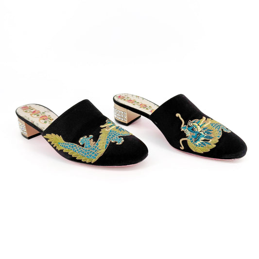 Gucci Dragon Embroidered Candy Mules in Black Satin Size 37