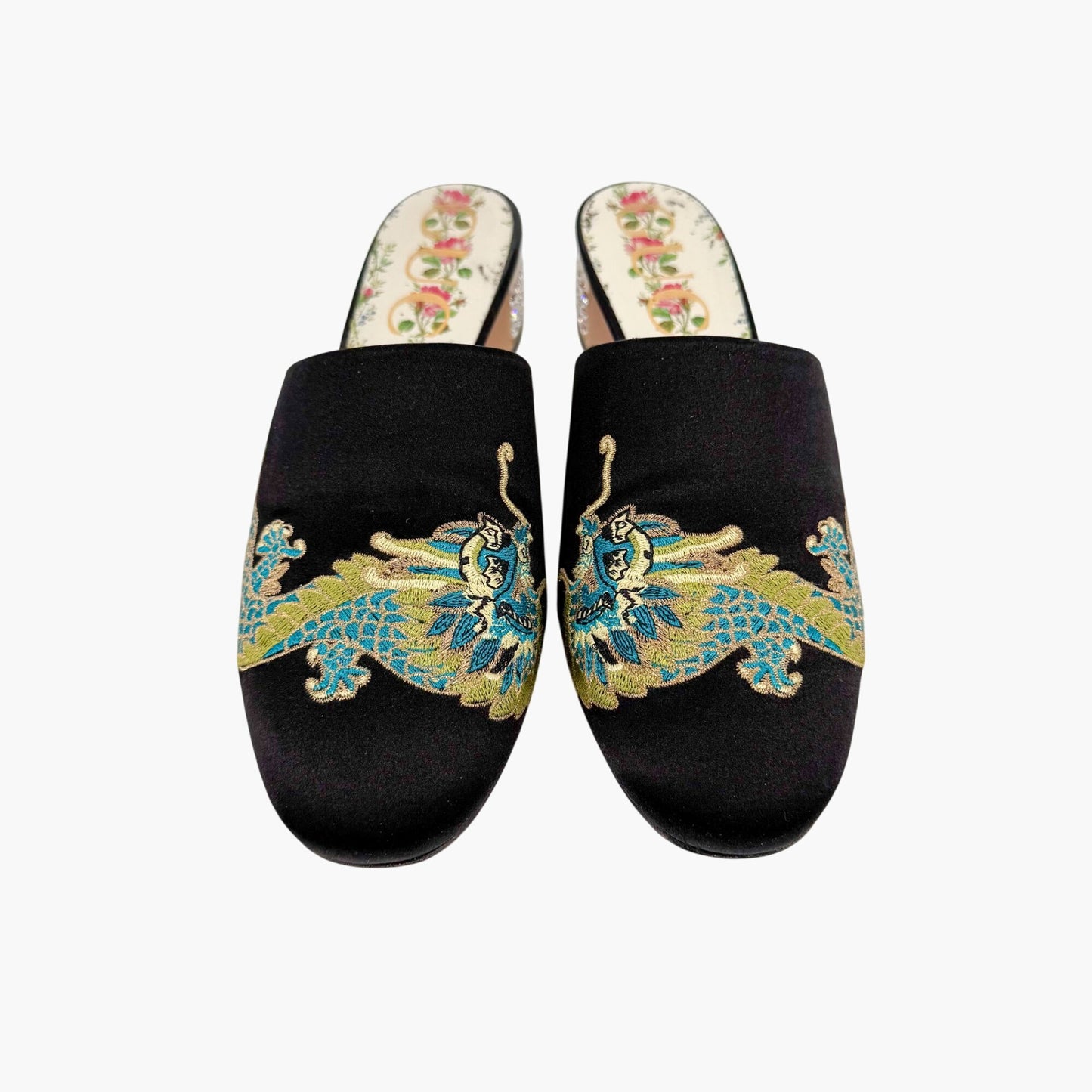Gucci Dragon Embroidered Candy Mules in Black Satin Size 37
