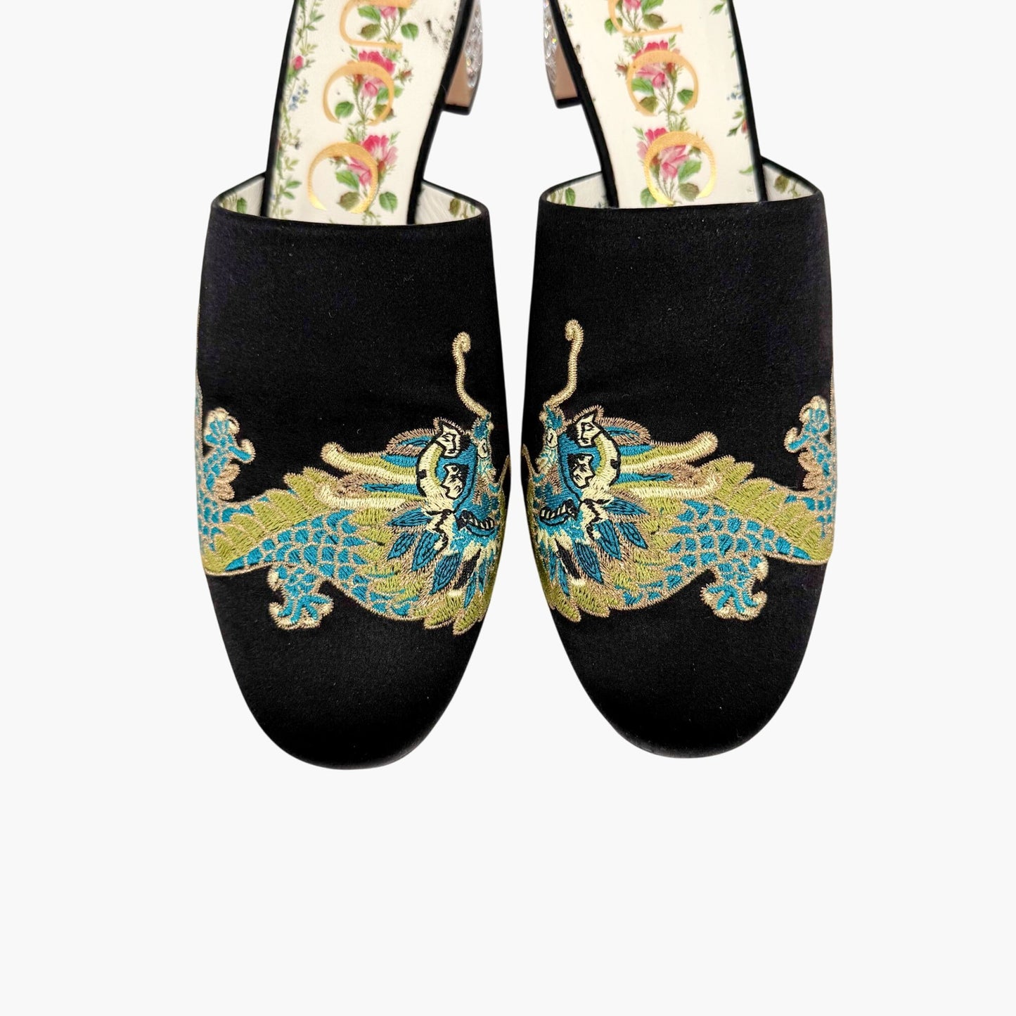 Gucci Dragon Embroidered Candy Mules in Black Satin Size 37