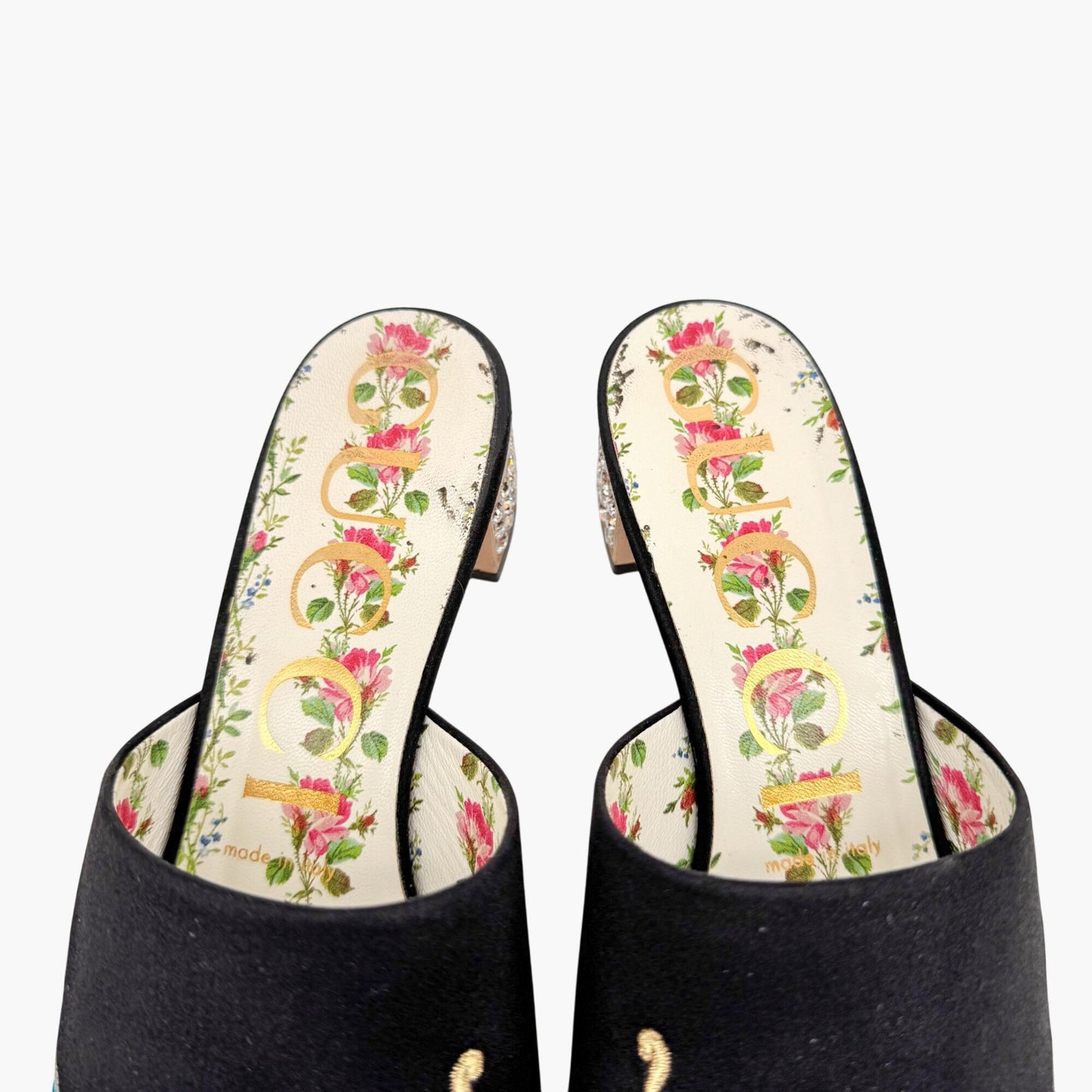 Gucci Dragon Embroidered Candy Mules in Black Satin Size 37