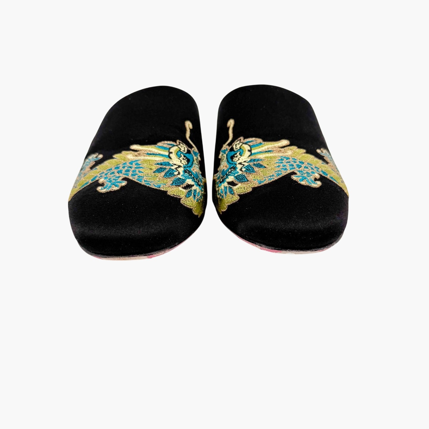 Gucci Dragon Embroidered Candy Mules in Black Satin Size 37