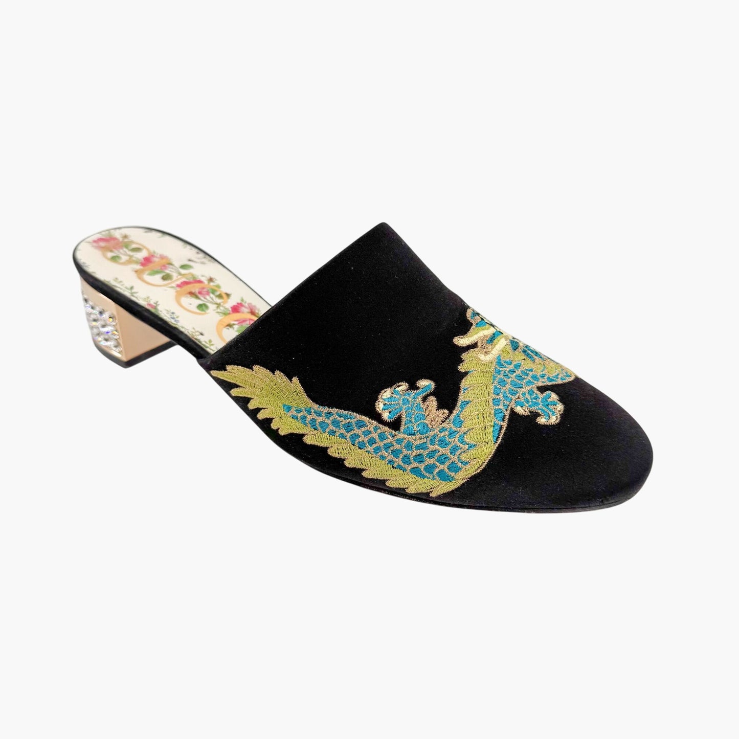 Gucci Dragon Embroidered Candy Mules in Black Satin Size 37