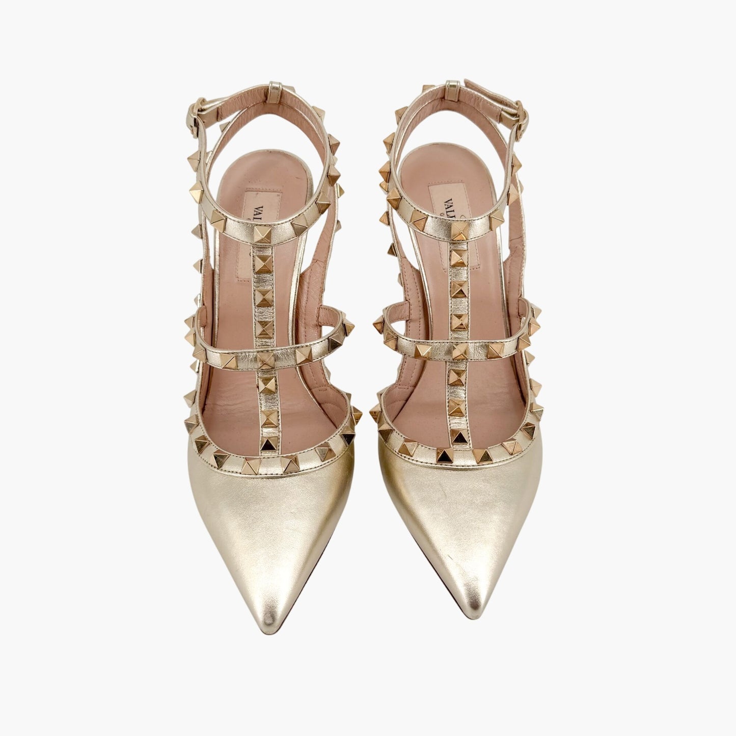Valentino Garavani Rockstud Caged Pumps in Metallic Gold Leather Size 39.5