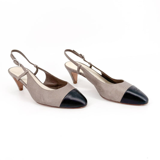 Chanel CC Cap Toe Slingback Pumps in Taupe & Black Leather – Size 38