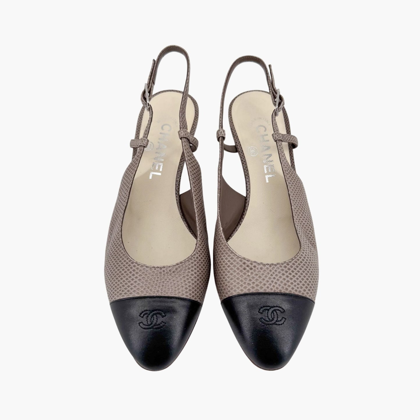 Chanel CC Cap Toe Slingback Pumps in Taupe & Black Leather – Size 38