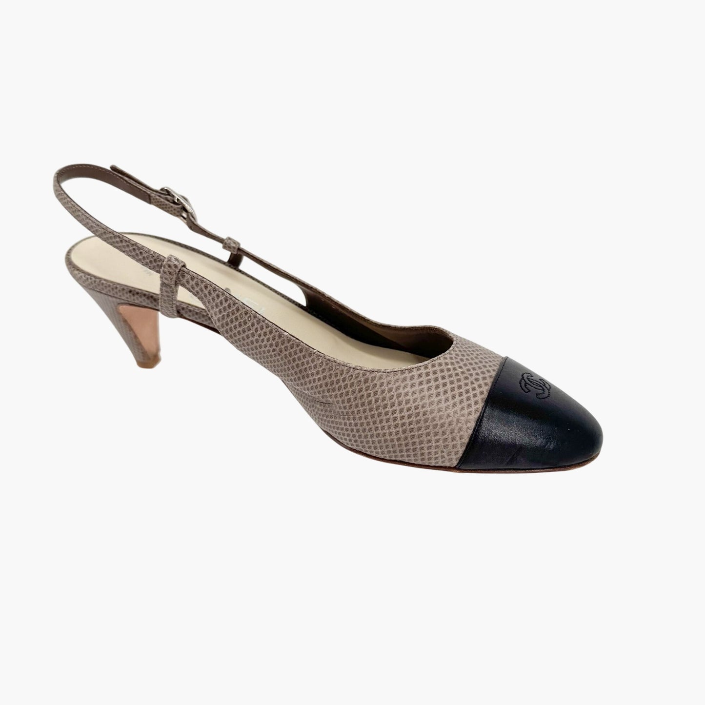 Chanel CC Cap Toe Slingback Pumps in Taupe & Black Leather – Size 38