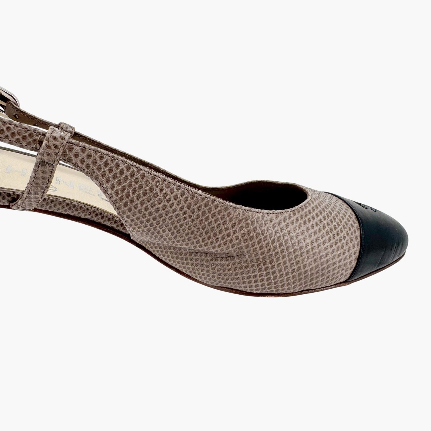 Chanel CC Cap Toe Slingback Pumps in Taupe & Black Leather – Size 38