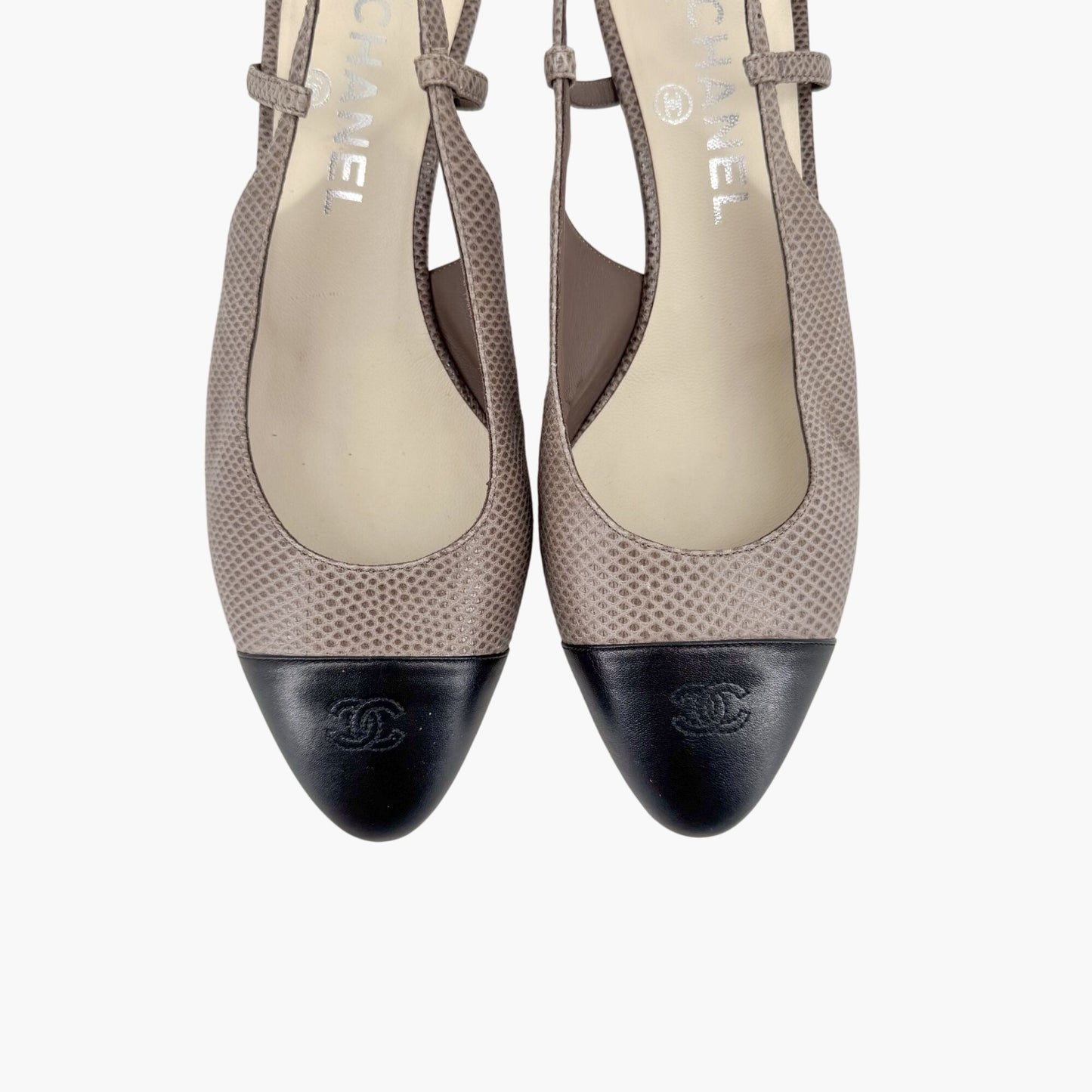 Chanel CC Cap Toe Slingback Pumps in Taupe & Black Leather – Size 38