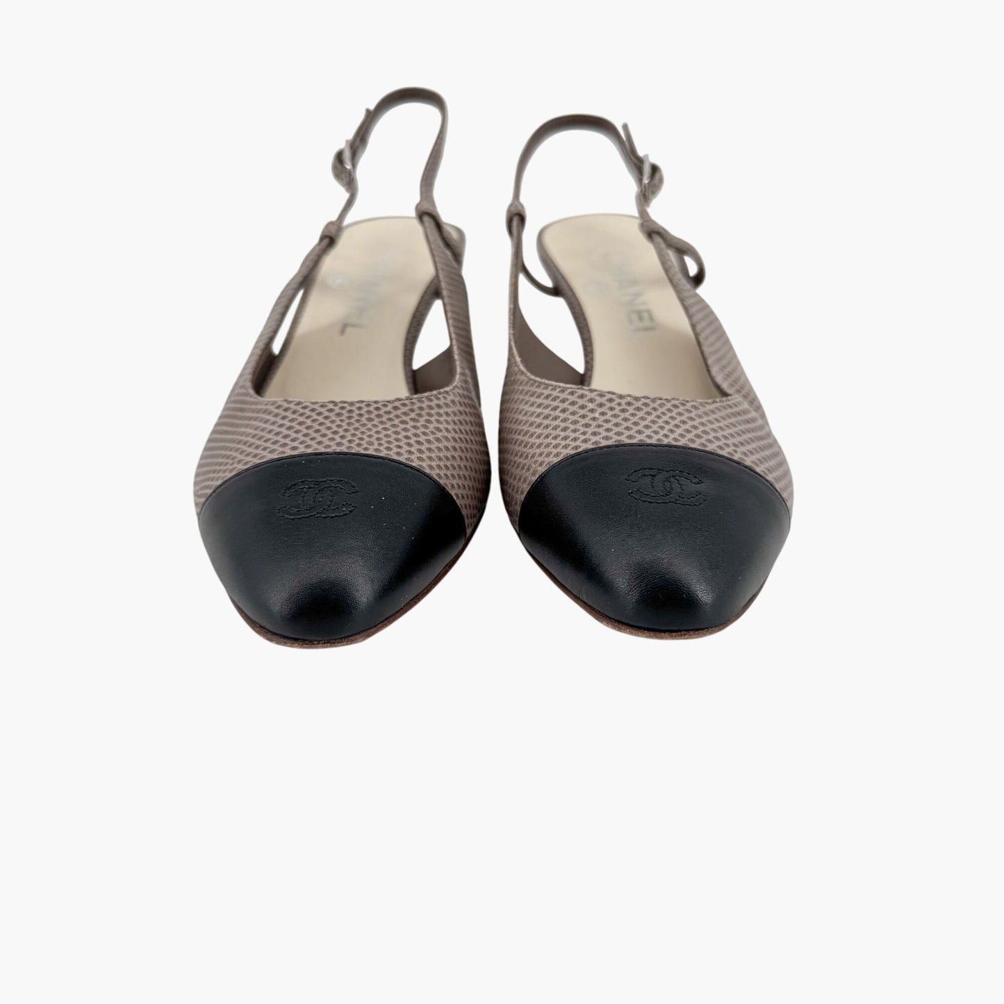 Chanel CC Cap Toe Slingback Pumps in Taupe & Black Leather – Size 38