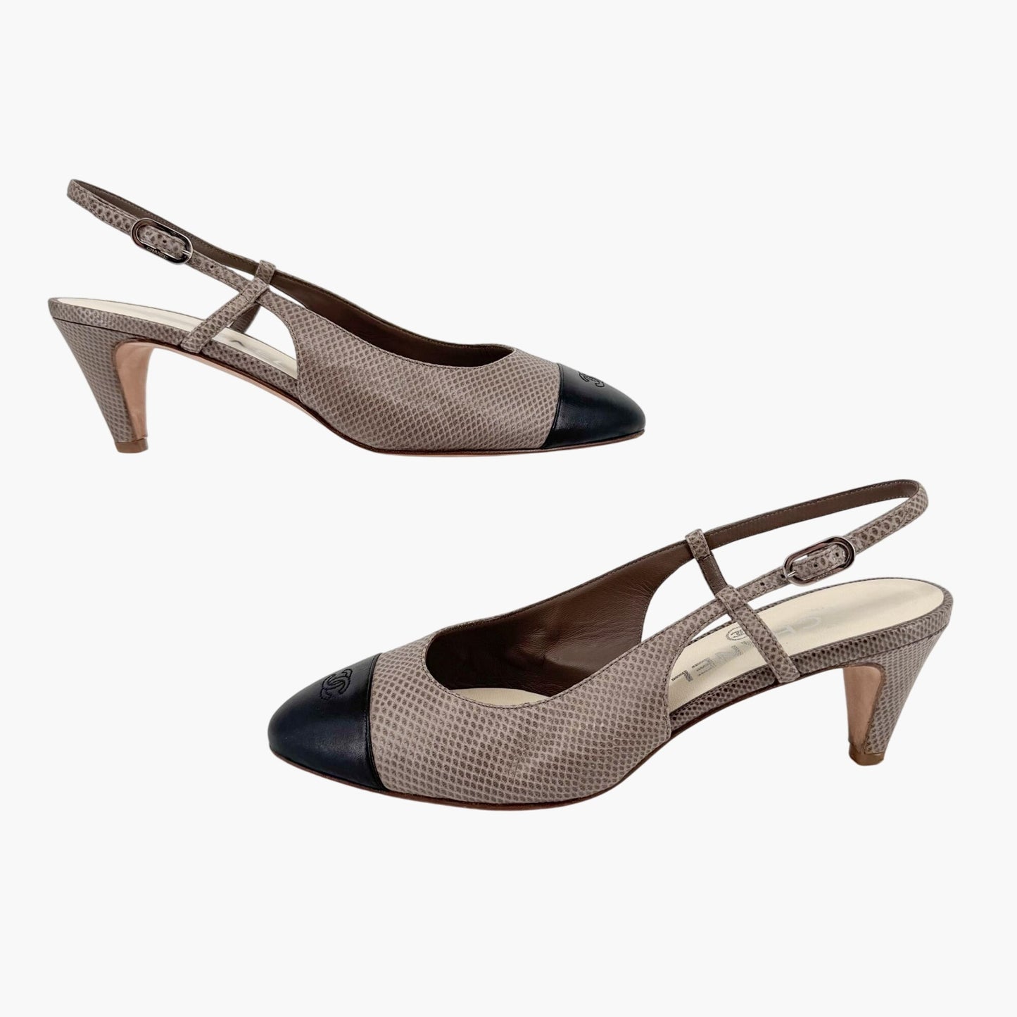Chanel CC Cap Toe Slingback Pumps in Taupe & Black Leather – Size 38