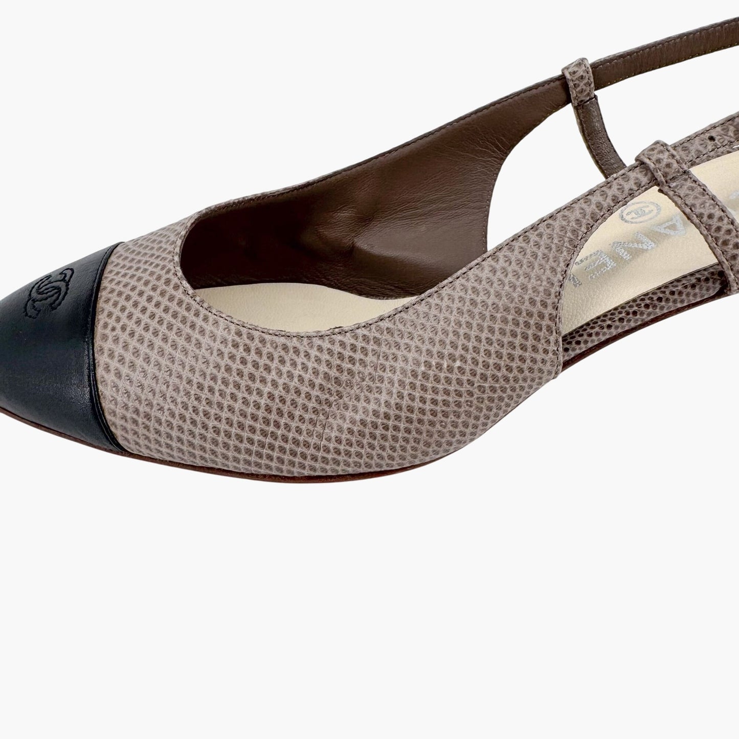 Chanel CC Cap Toe Slingback Pumps in Taupe & Black Leather – Size 38