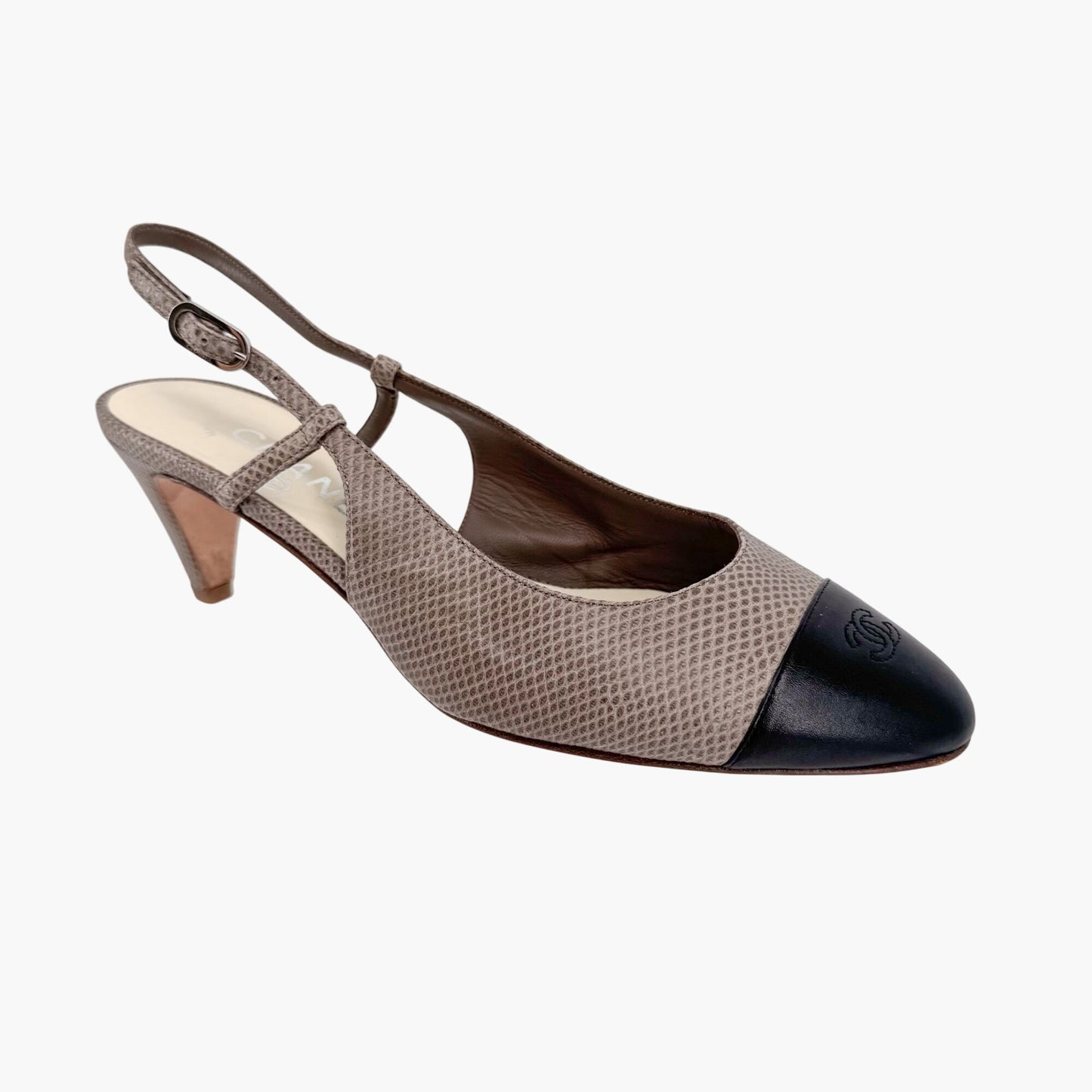 Chanel CC Cap Toe Slingback Pumps in Taupe & Black Leather – Size 38