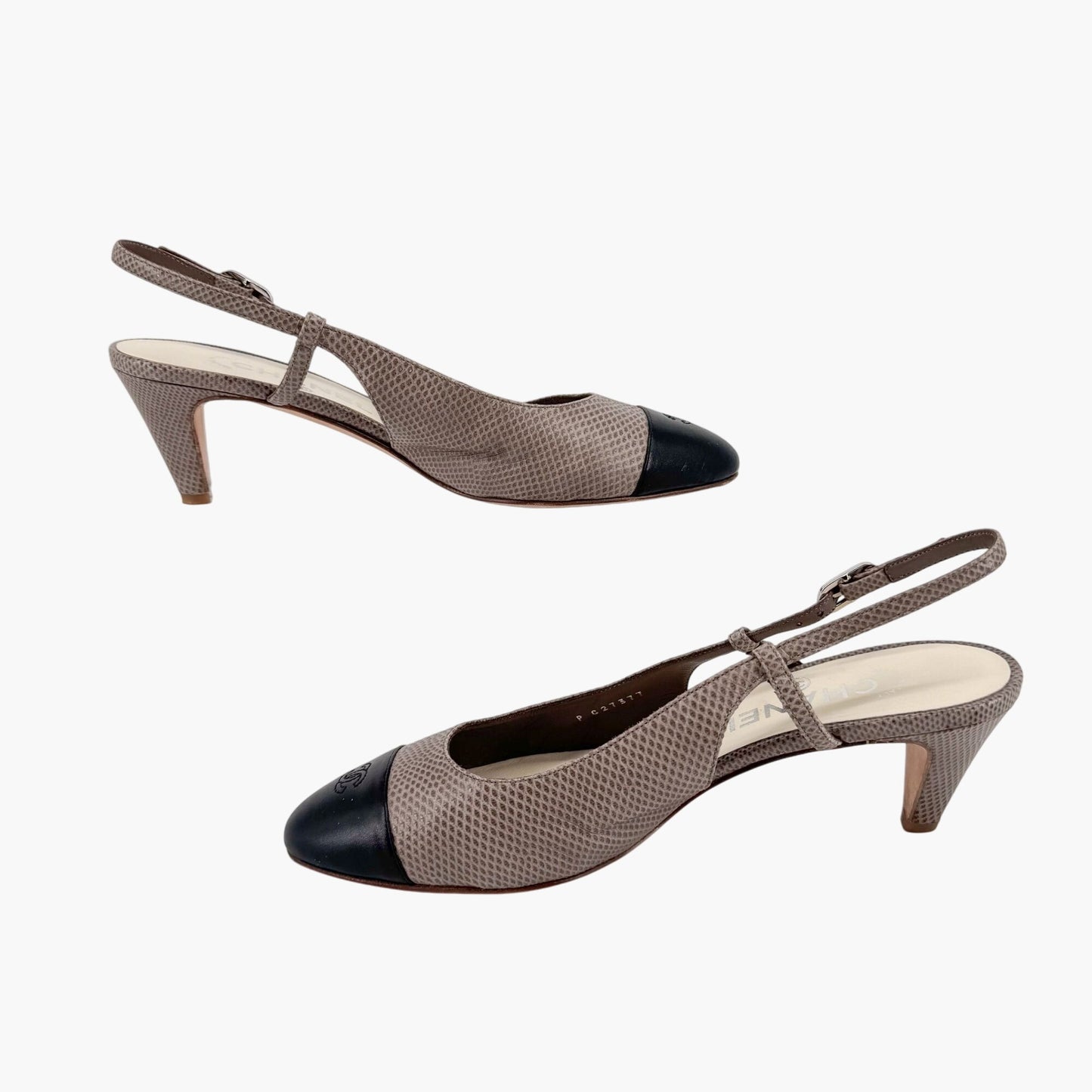 Chanel CC Cap Toe Slingback Pumps in Taupe & Black Leather – Size 38