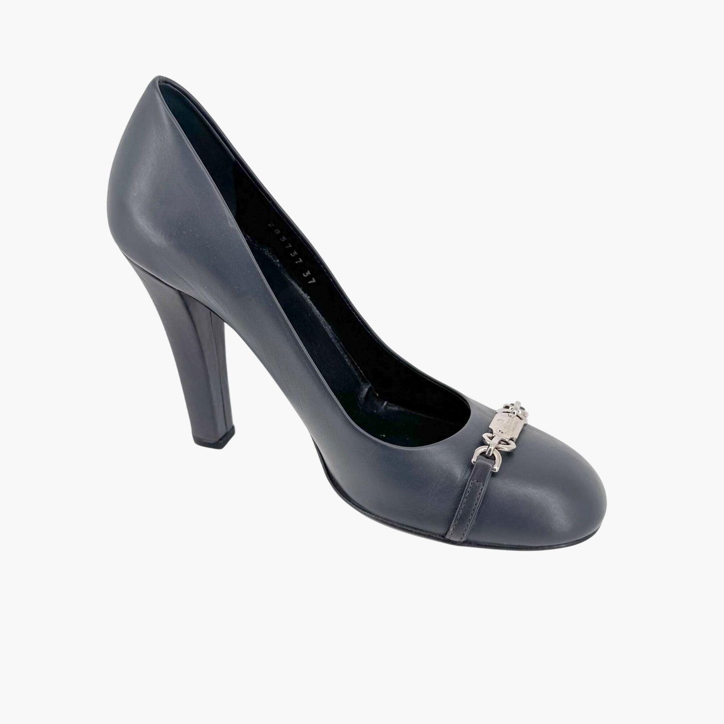 Gucci Chain Logo Pumps in Navy Blue Leather Size 37