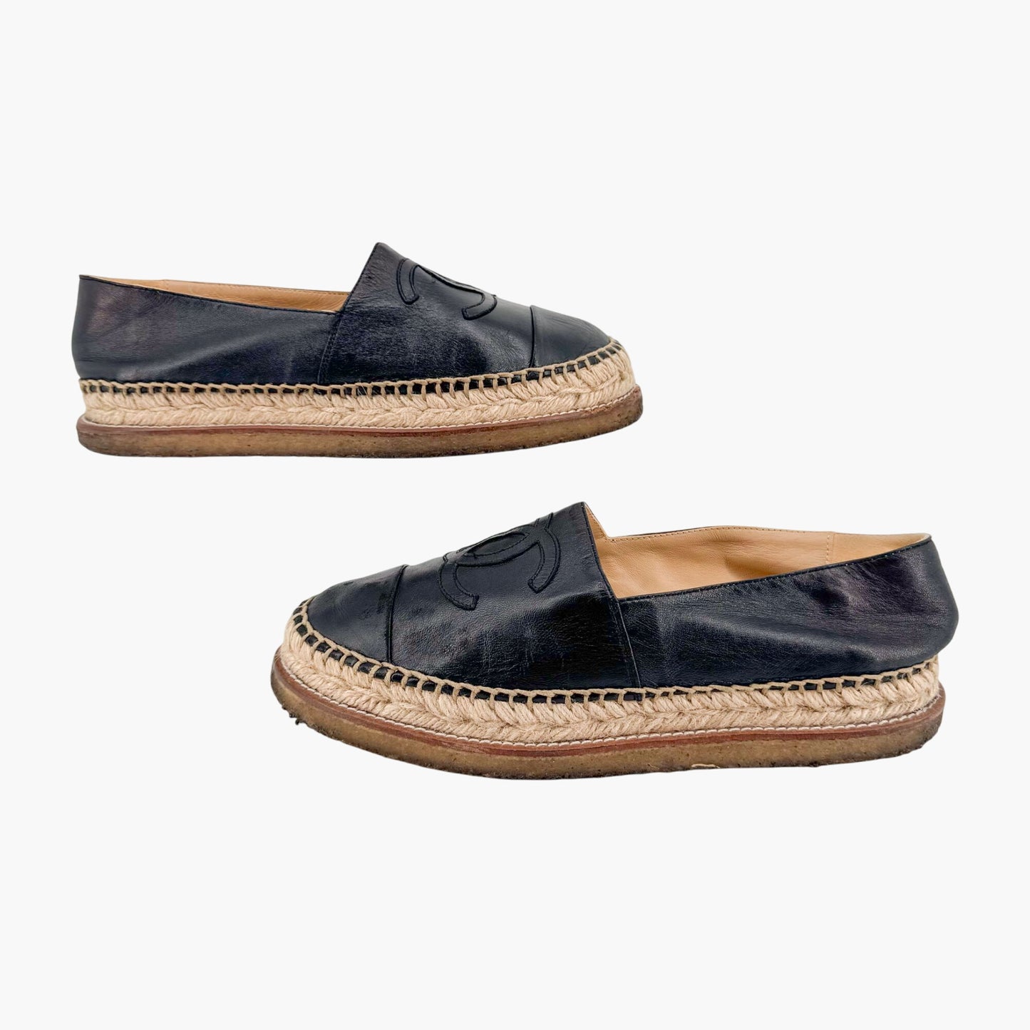 Chanel Platform CC Espadrille Flats in Black Leather – Size 39