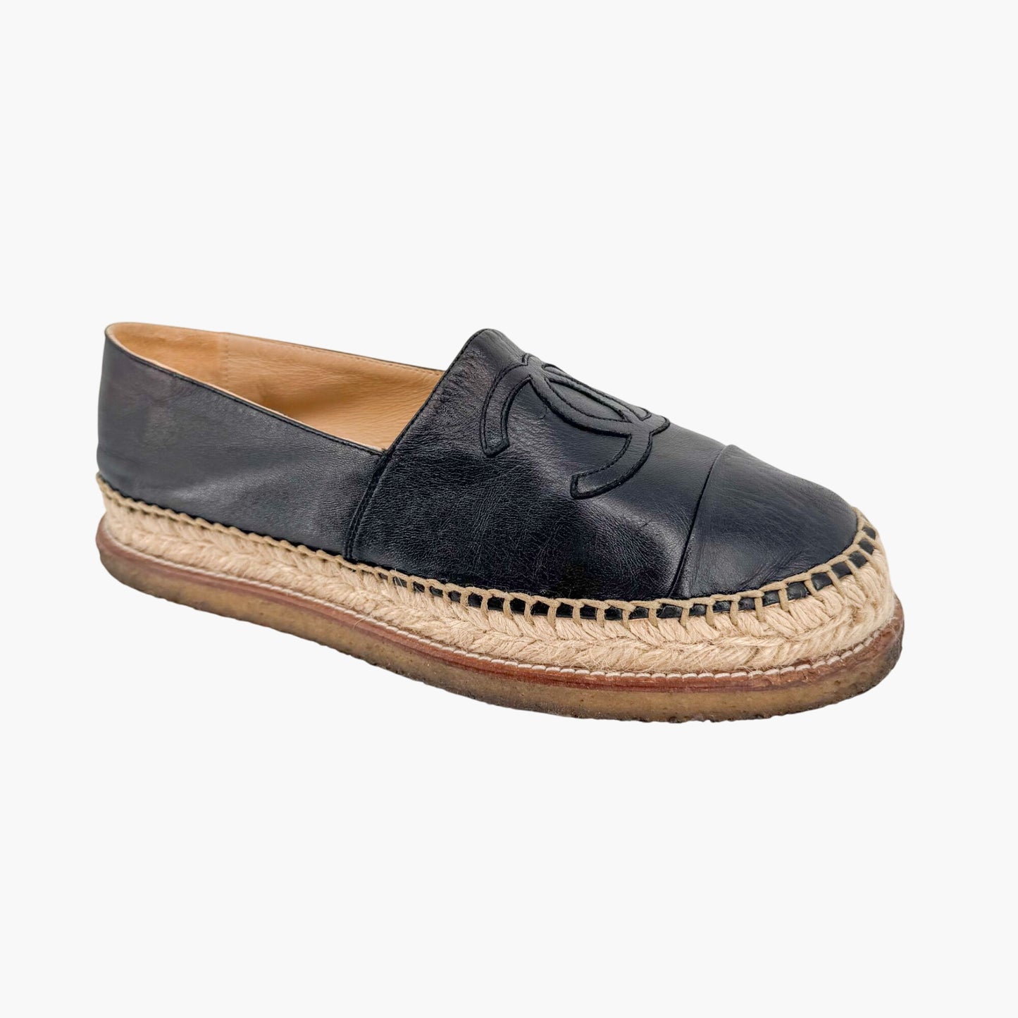 Chanel Platform CC Espadrille Flats in Black Leather – Size 39
