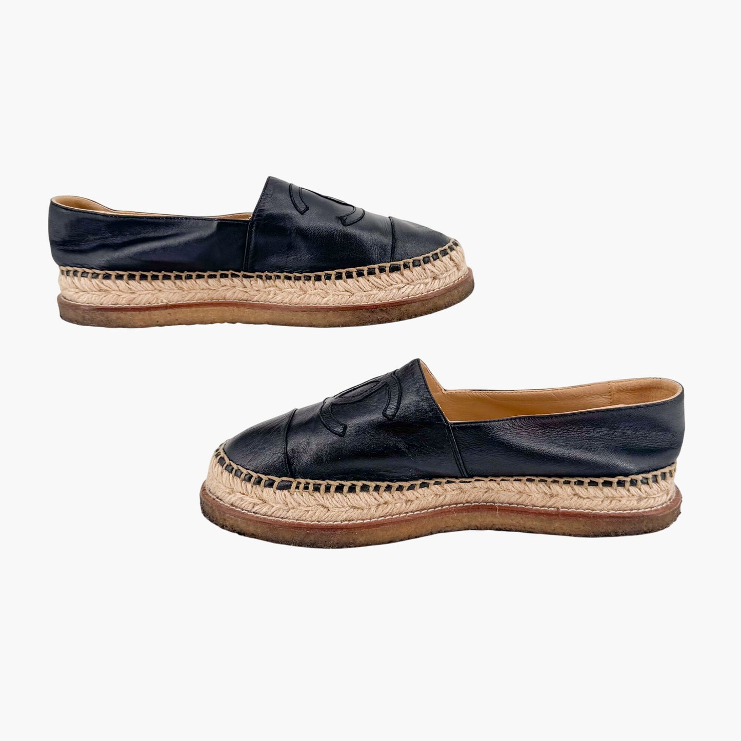 Chanel Platform CC Espadrille Flats in Black Leather – Size 39