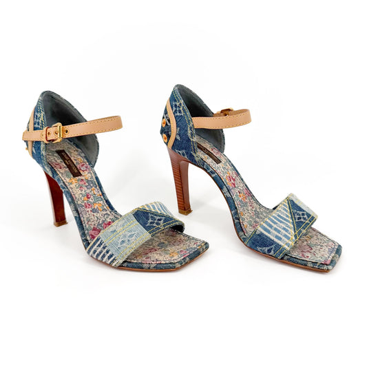 Louis Vuitton Blue Denim Patchwork High Heel Sandals Size 37.5