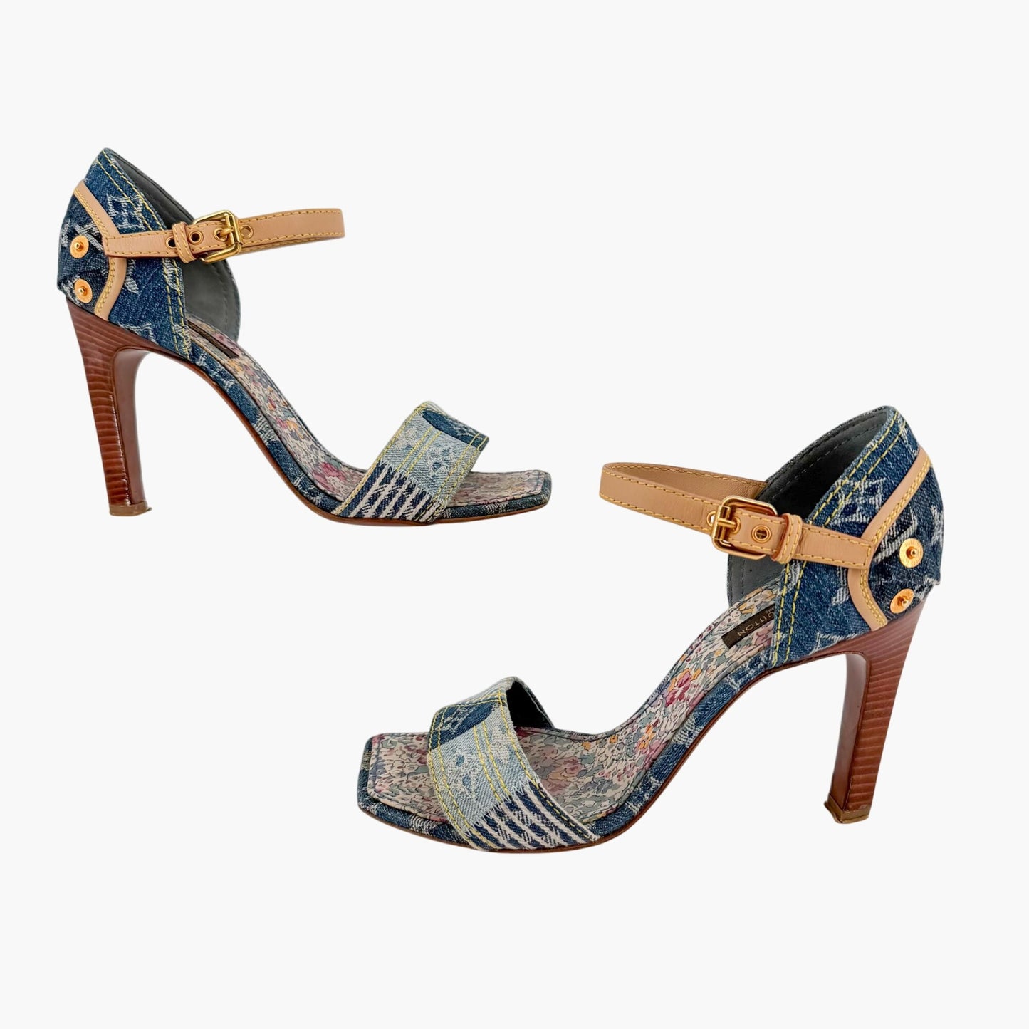 Louis Vuitton Blue Denim Patchwork High Heel Sandals Size 37.5