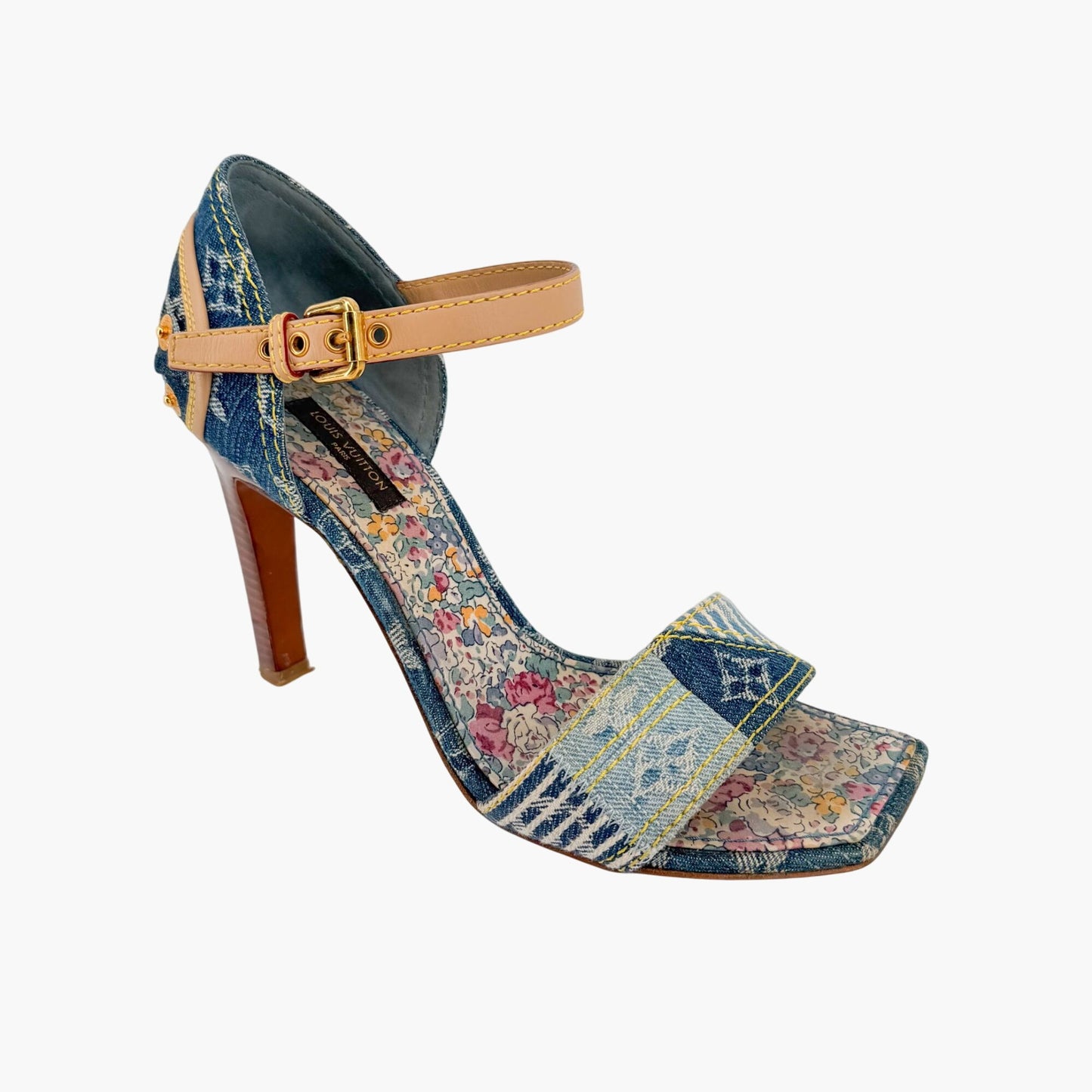 Louis Vuitton Blue Denim Patchwork High Heel Sandals Size 37.5
