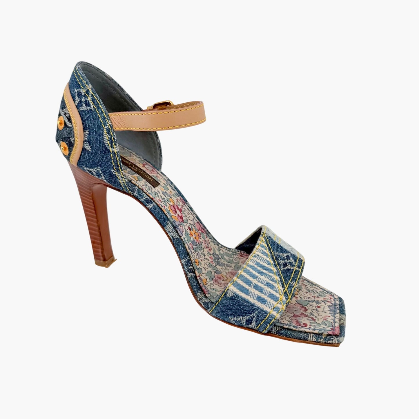 Louis Vuitton Blue Denim Patchwork High Heel Sandals Size 37.5