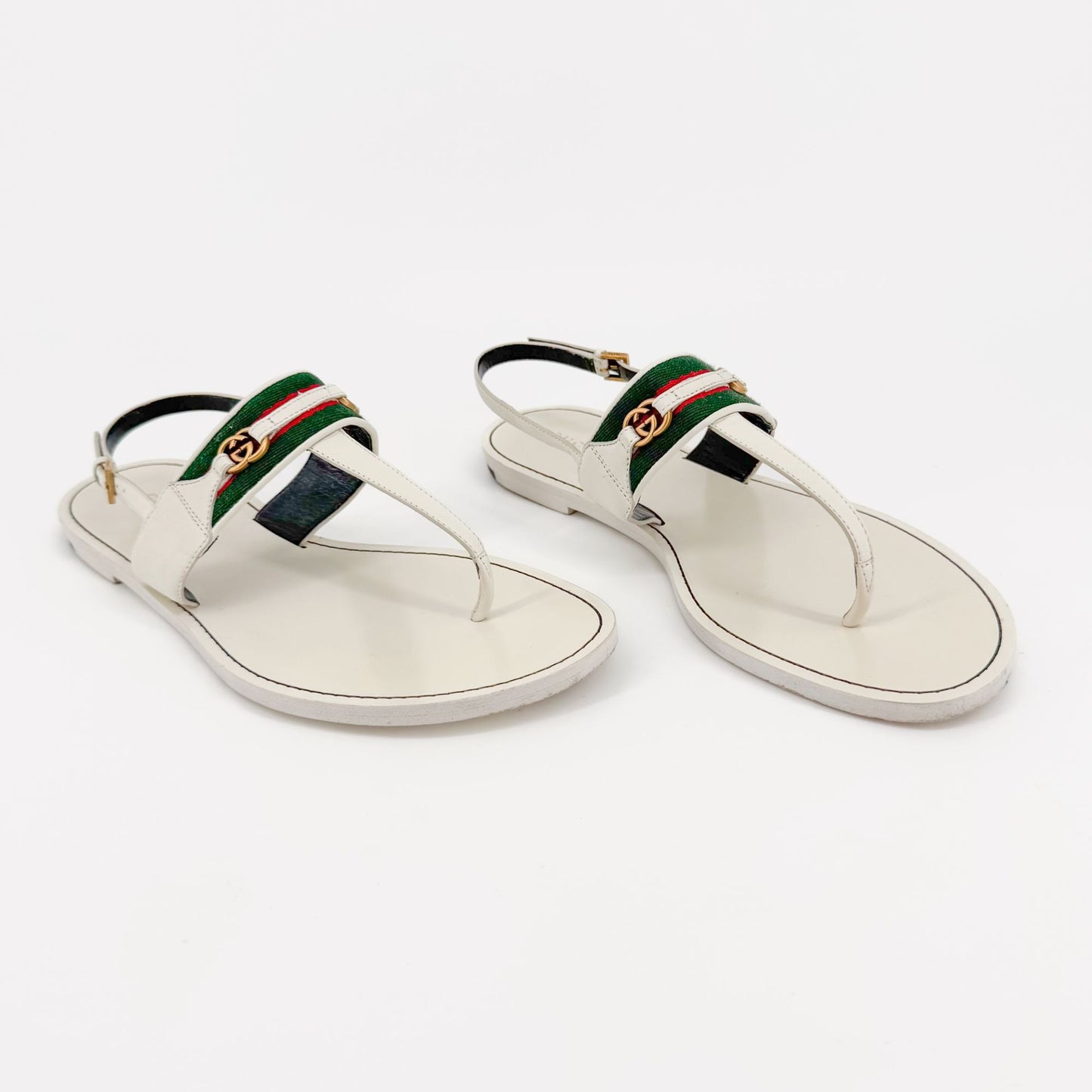 Gucci Siryo GG Flat T-Strap Sandals in White Leather Size 39.5