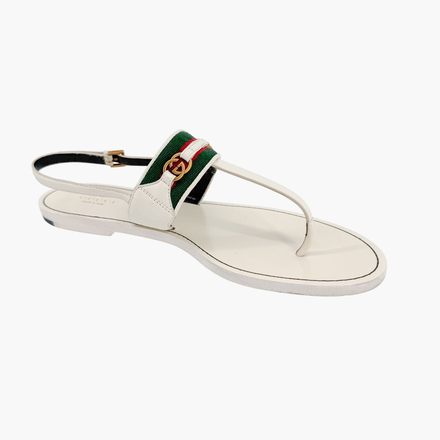 Gucci Siryo GG Flat T-Strap Sandals in White Leather Size 39.5