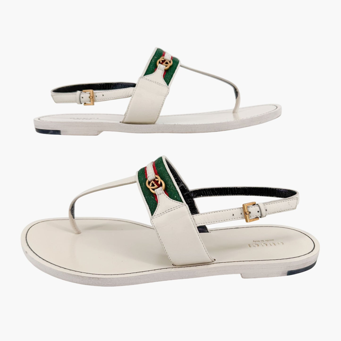 Gucci Siryo GG Flat T-Strap Sandals in White Leather Size 39.5