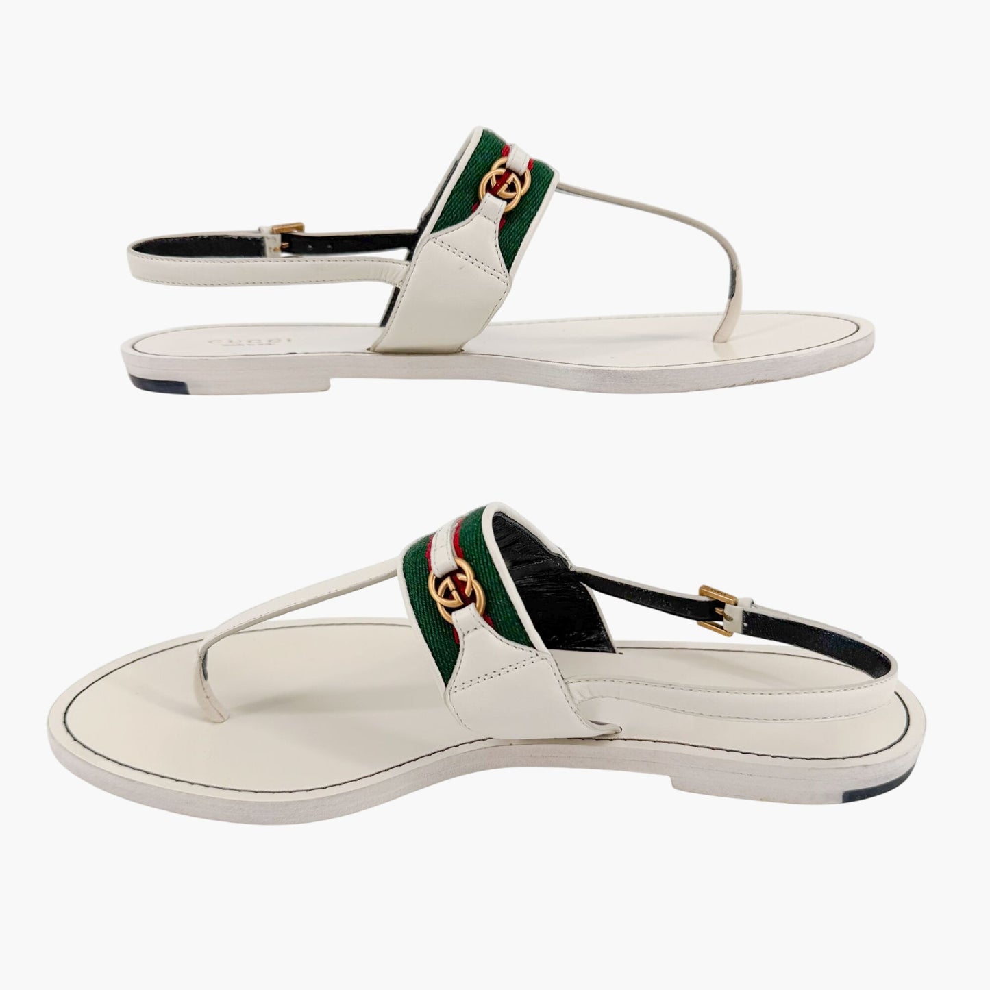 Gucci Siryo GG Flat T-Strap Sandals in White Leather Size 39.5