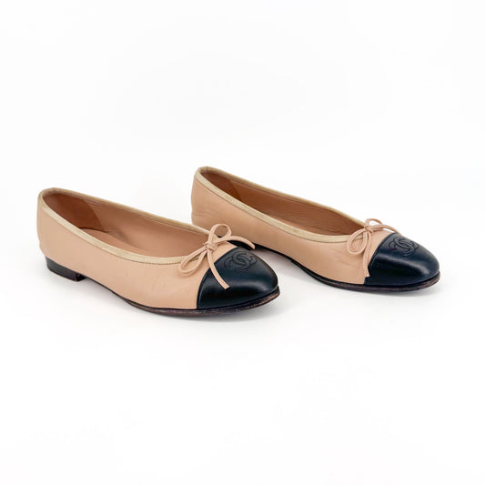 Chanel Beige Black CC Cap Toe Ballet Flats Size 37.5