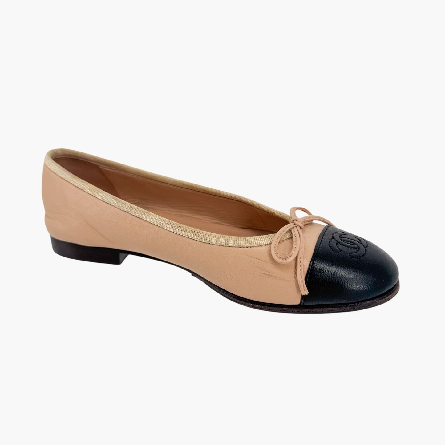 Chanel Beige Black CC Cap Toe Ballet Flats Size 37.5