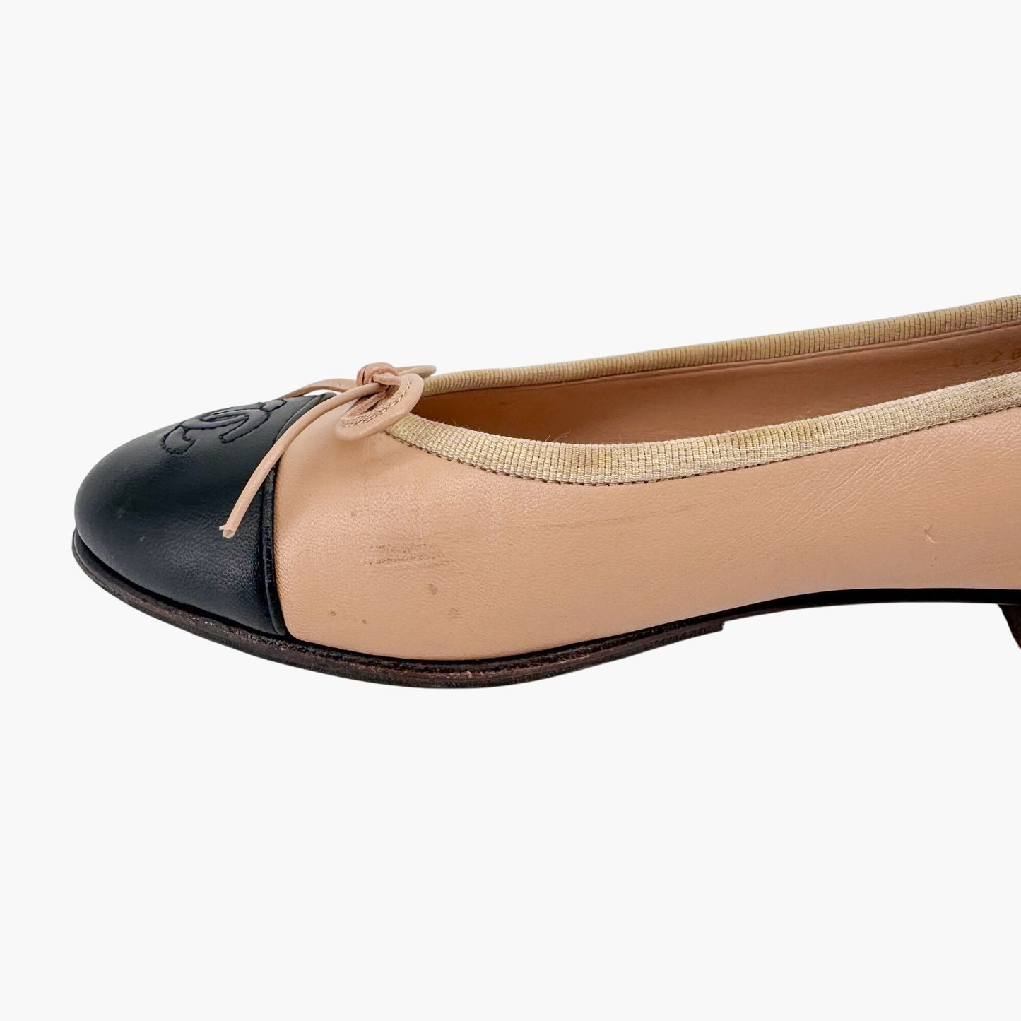 Chanel Beige Black CC Cap Toe Ballet Flats Size 37.5