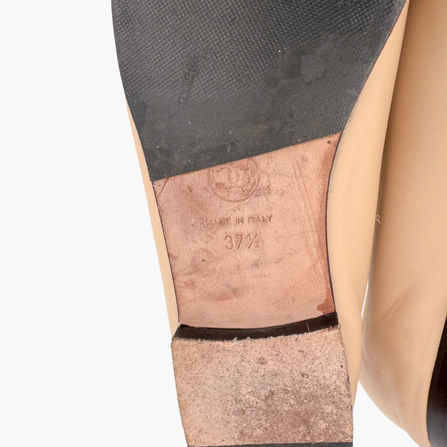 Chanel Beige Black CC Cap Toe Ballet Flats Size 37.5