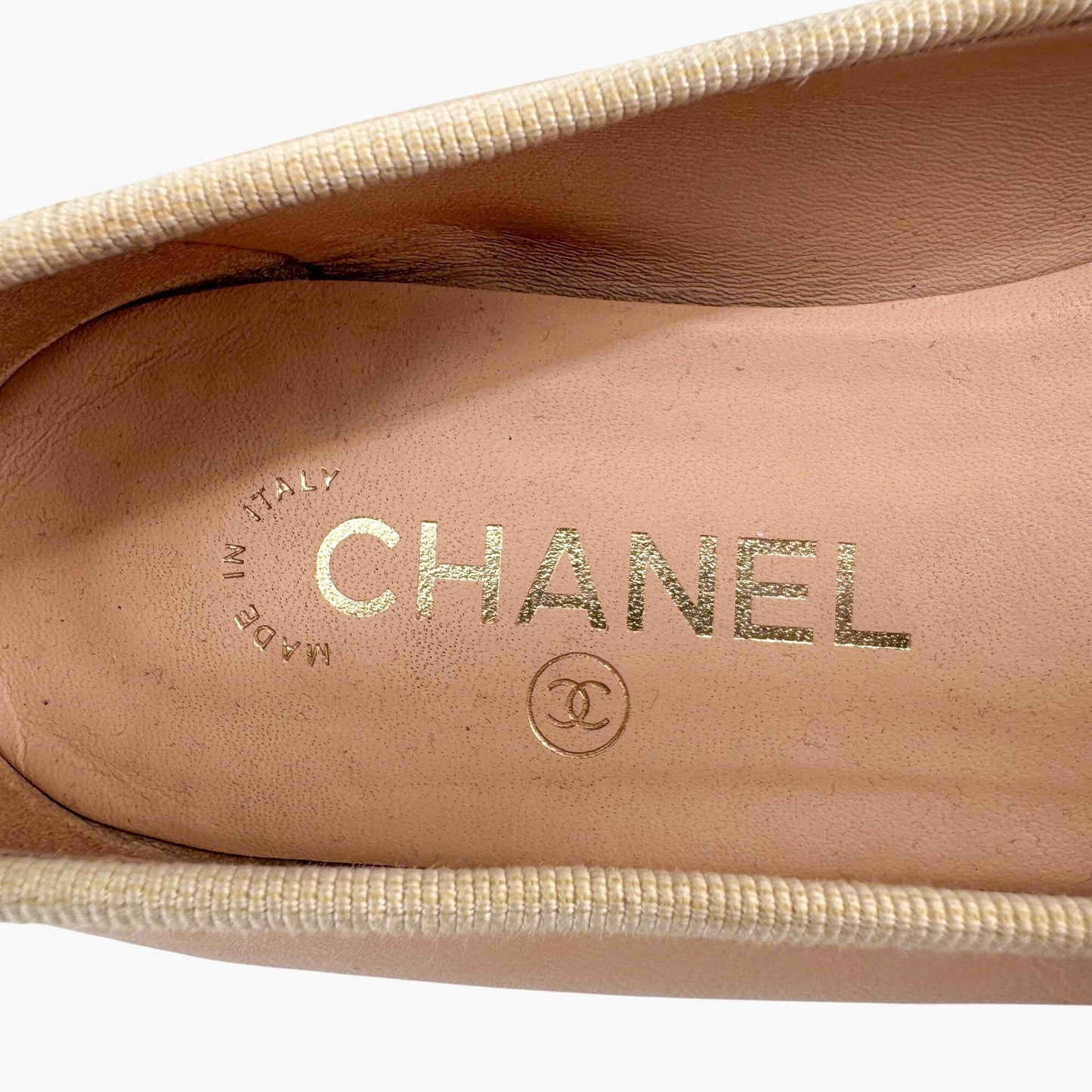 Chanel Beige Black CC Cap Toe Ballet Flats Size 37.5