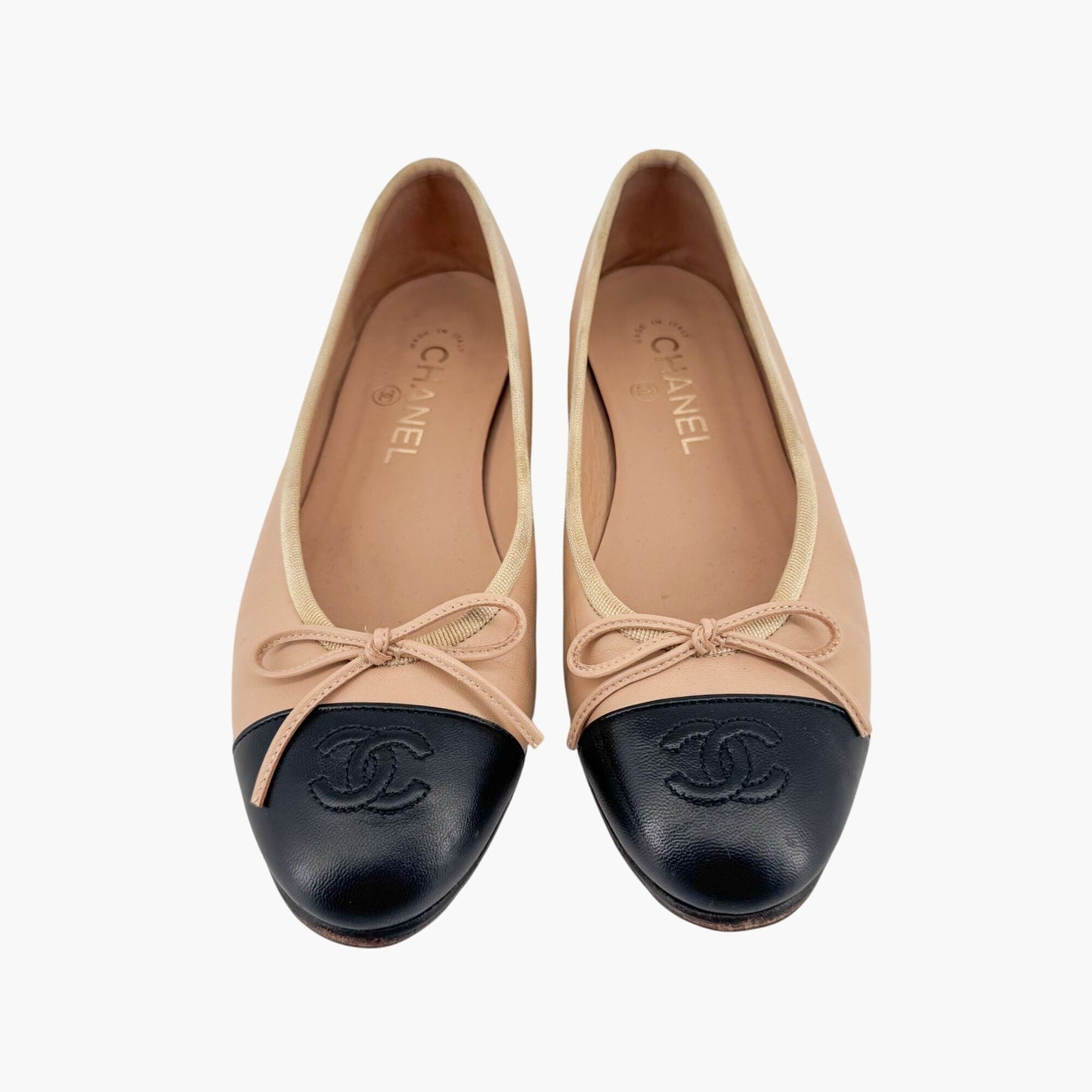 Chanel Beige Black CC Cap Toe Ballet Flats Size 37.5