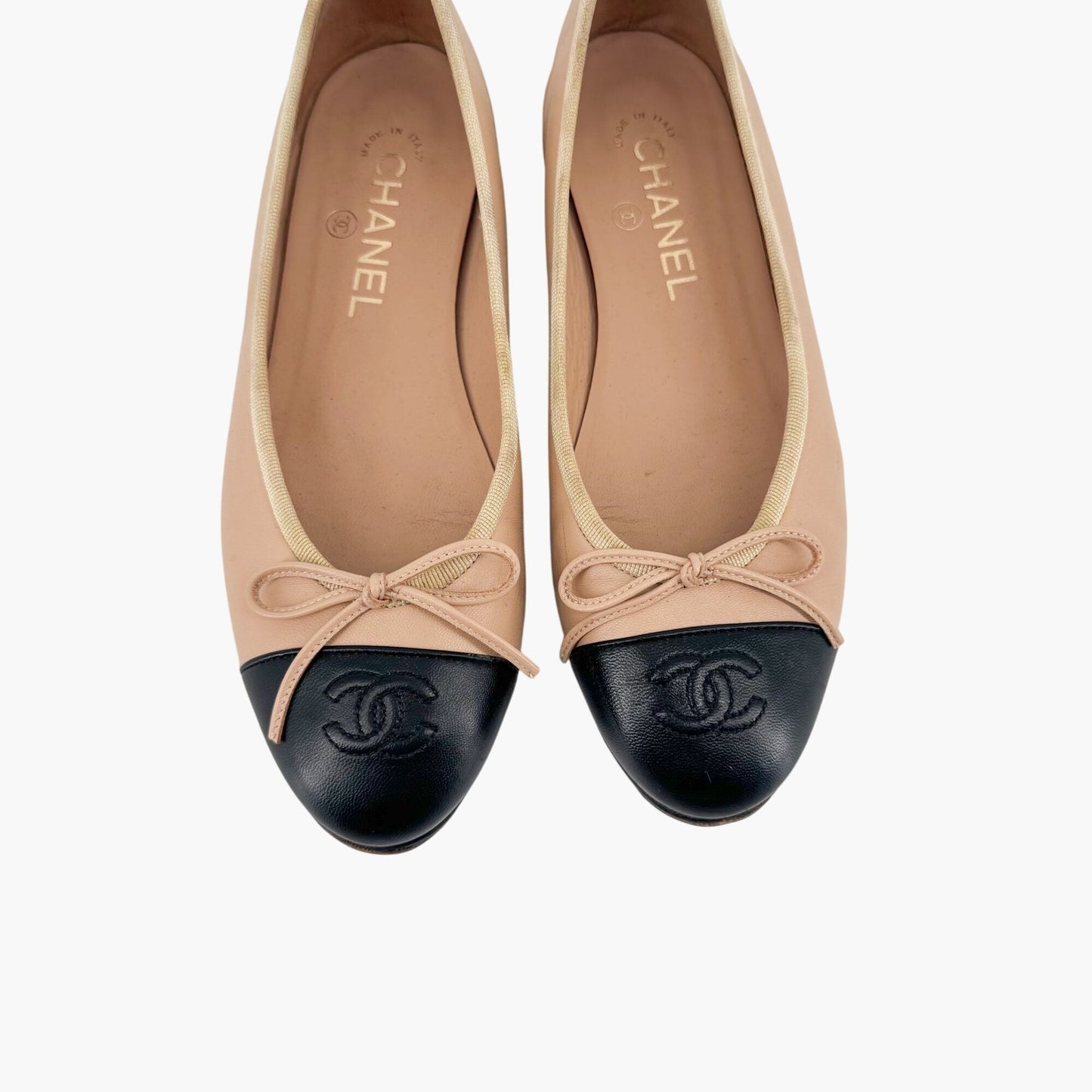 Chanel Beige Black CC Cap Toe Ballet Flats Size 37.5