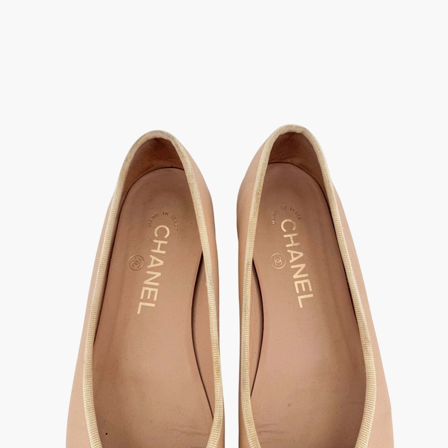 Chanel Beige Black CC Cap Toe Ballet Flats Size 37.5