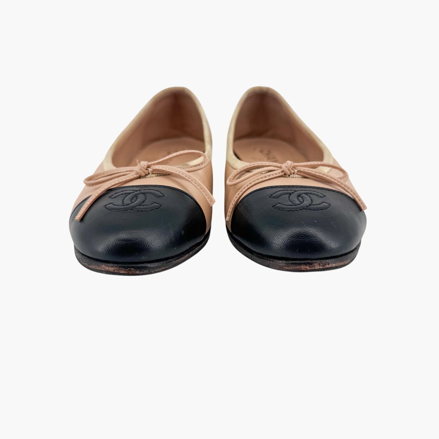 Chanel Beige Black CC Cap Toe Ballet Flats Size 37.5