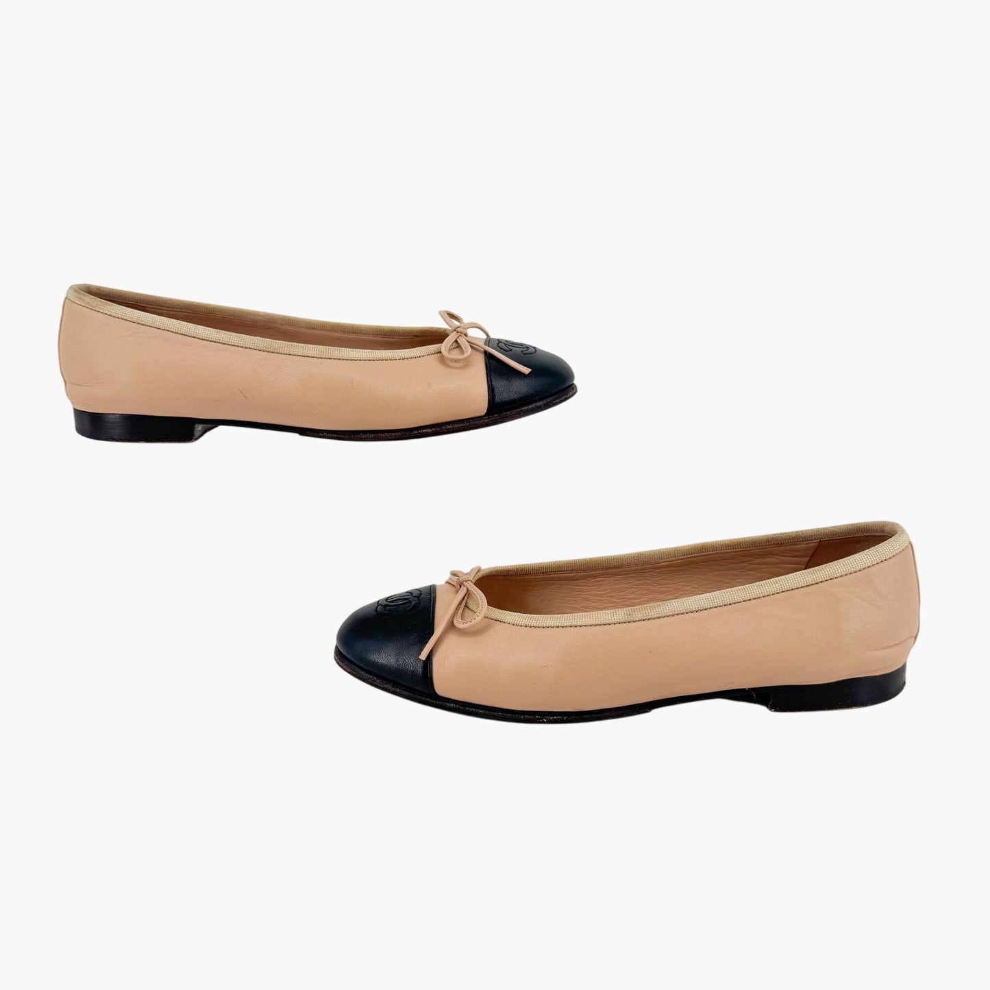Chanel Beige Black CC Cap Toe Ballet Flats Size 37.5