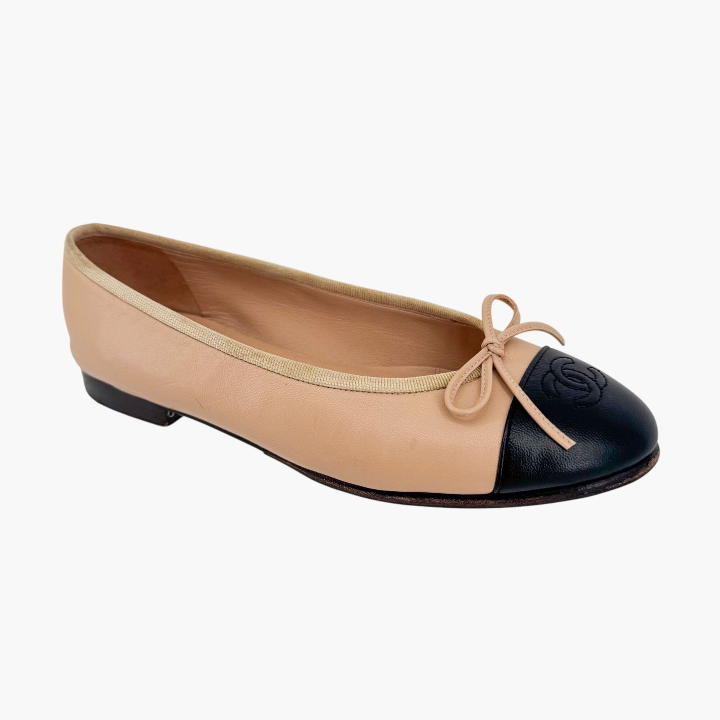 Chanel Beige Black CC Cap Toe Ballet Flats Size 37.5