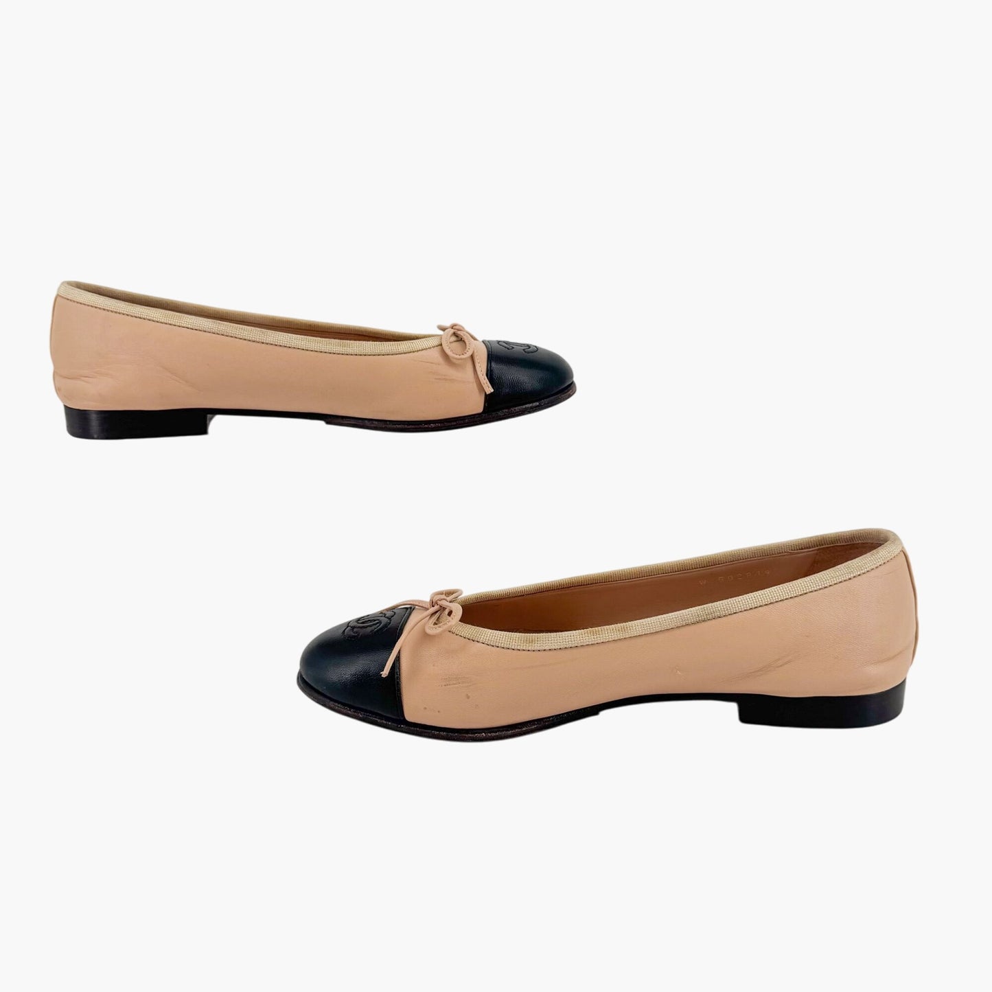 Chanel Beige Black CC Cap Toe Ballet Flats Size 37.5
